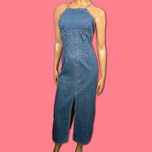 Vintage Hot Kiss Denim Maxi Dress Size XS Sleeveless High Slit Y2K 90s 2000s